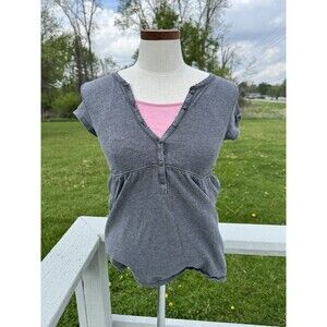 Y2K SO Babydoll Grey Henley Tie in Back Layered Top Juniors